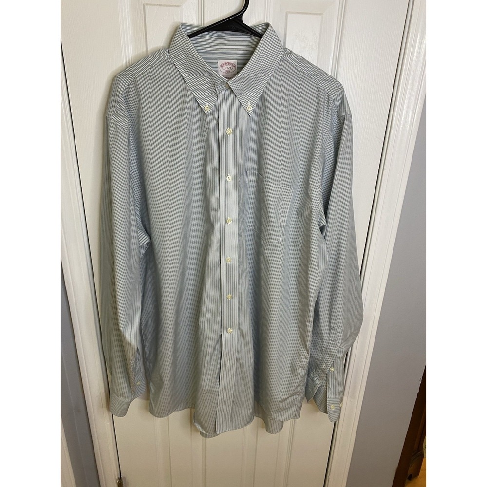 Brooks Brothers 346 Shirt Mens 17-6/7 Blue Green Striped Non-Iron Regular Fit